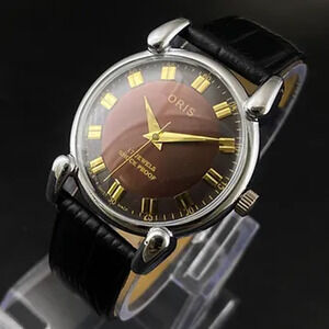 Vintage 1974 Oris Manual Mens Silver Watch W/Leather Strap & Brown accents